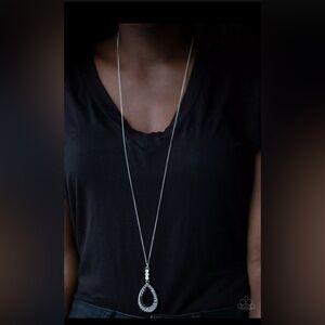 Paparazzi, red carpet, royal white teardrop rhinestone long necklace